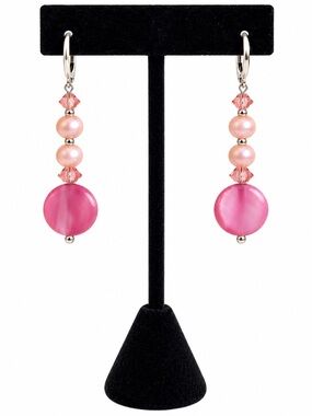 Pink Beaded Dangle Earrings Faux Pearl Crystal Gold Tone